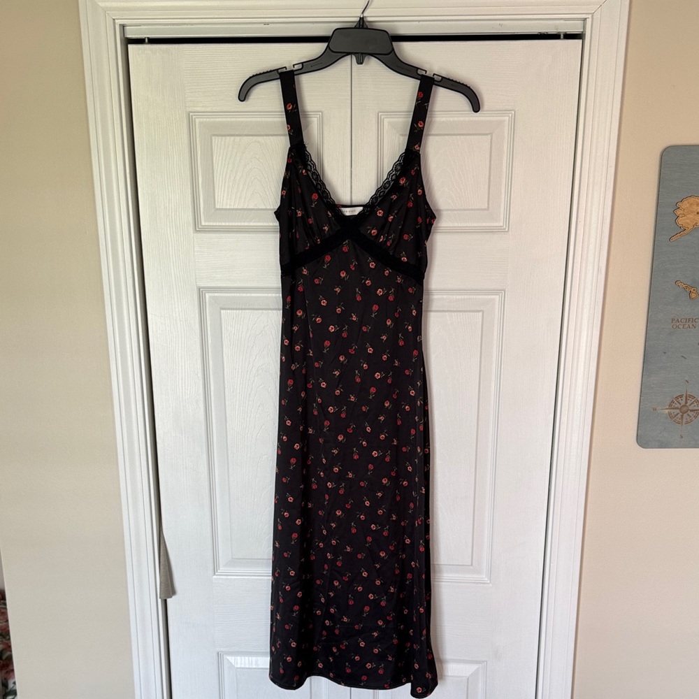 Altar'd State Silk Black Midi Dress with Rose Print